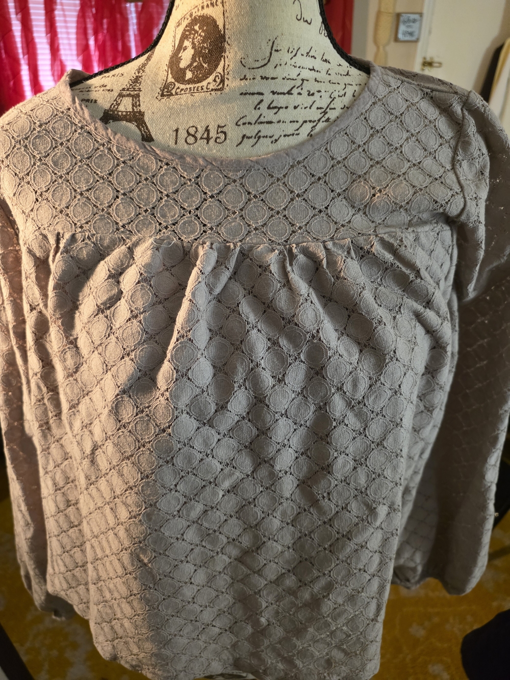 Listicle Taupe Lace-Texture Long Sleeve Blouse